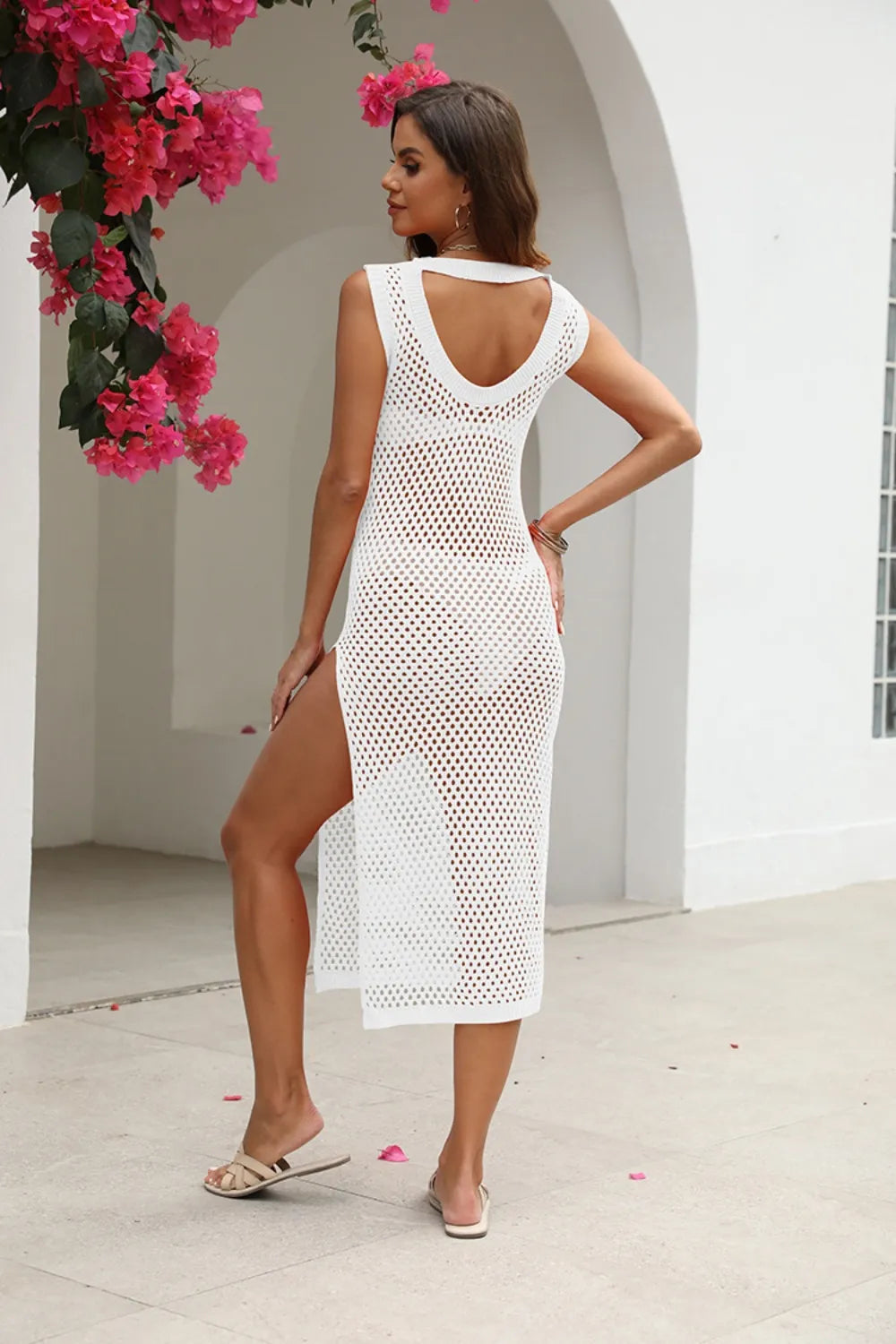 Cutout Openwork Round Neck Sleeveless Cover-Up - Farnelli