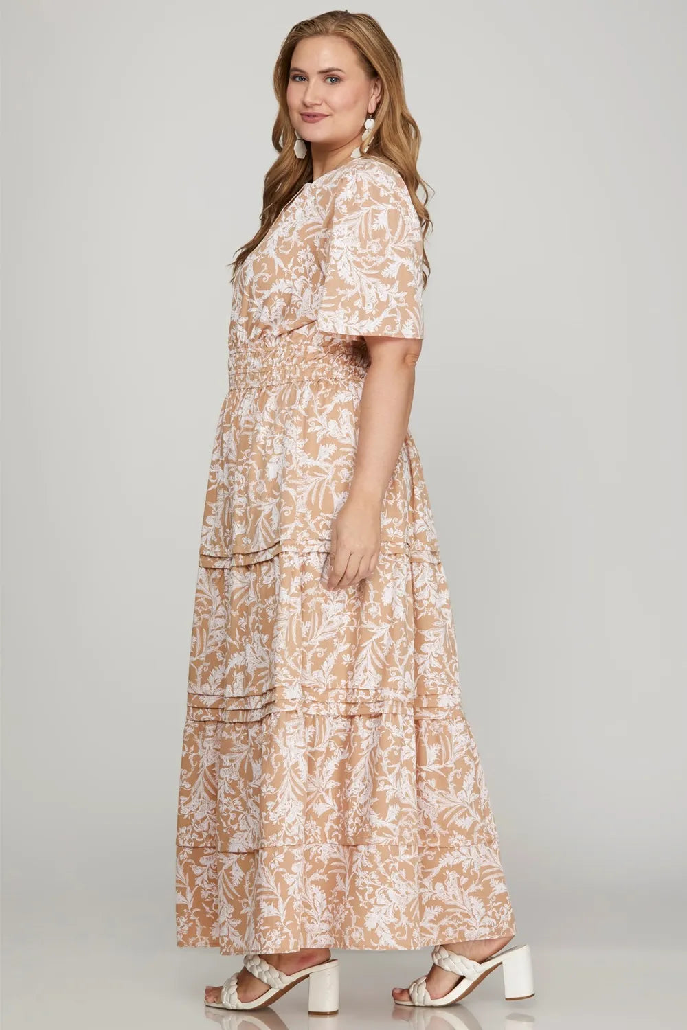 She + Sky Printed Notched Woven Tiered Pintuck Maxi Dress with Side Pockets - Farnelli