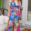 ODDI Full Size Floral Smocked Tied Back Jumpsuit - Royal Multi