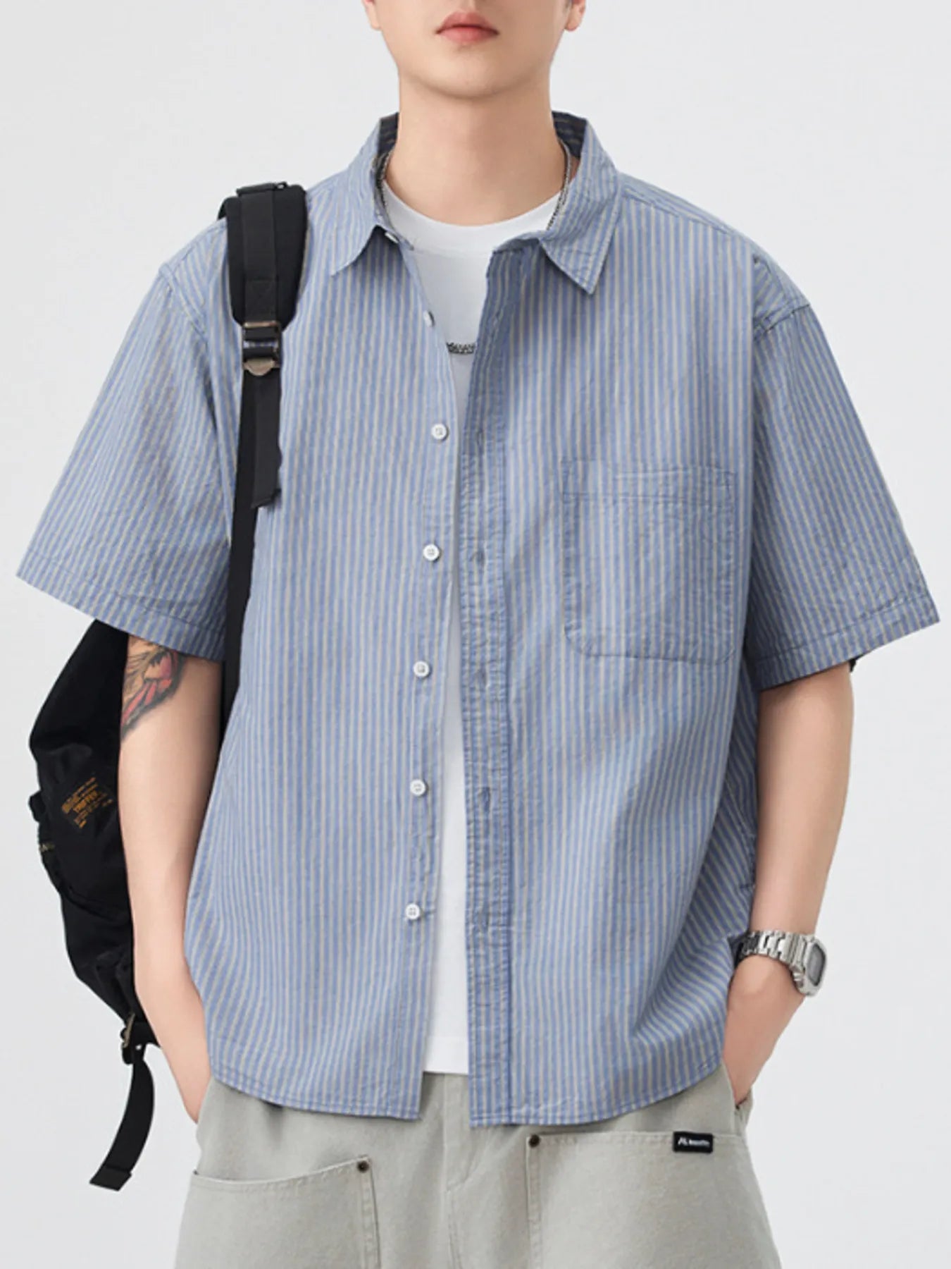Men's Plus Size Striped Button Up Short Sleeve Shirt - Farnelli