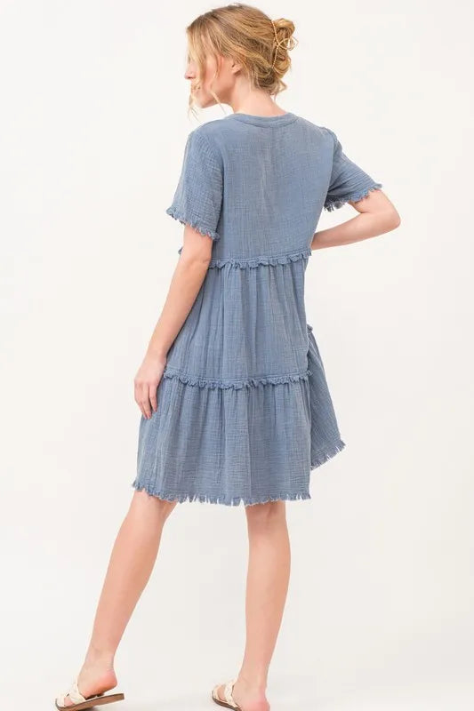 And The Why Washed Frayed Detail Tiered Dress - Farnelli