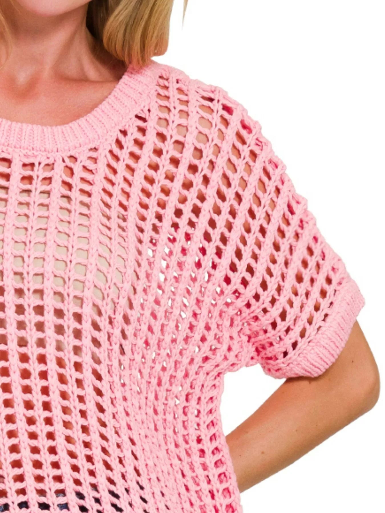 Zenana Fish Net Short Sleeve Crochet Knit Cover Up - Farnelli