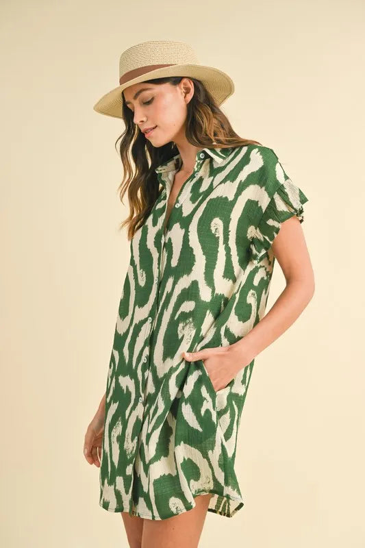 Annie Wear Abstract Printed Frill Sleeve Shirt Mini Dress - Farnelli