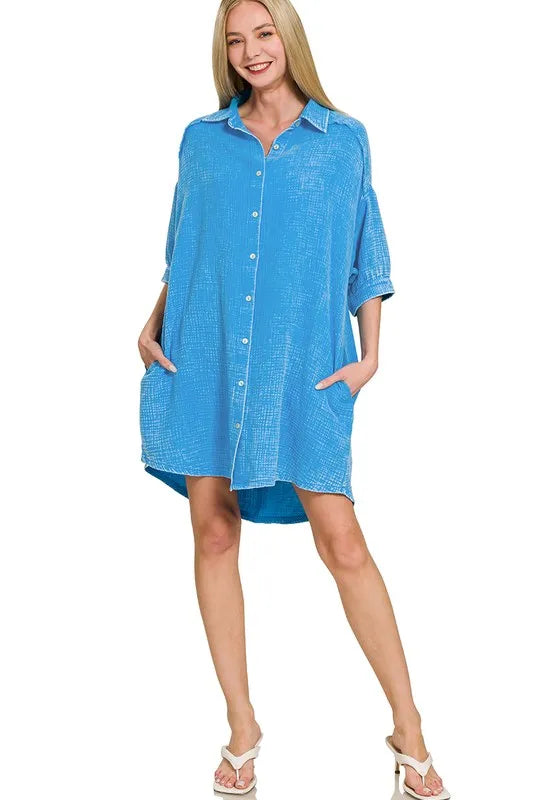 Zenana Washed Double Gauze Button Down Shirt Dress - Farnelli