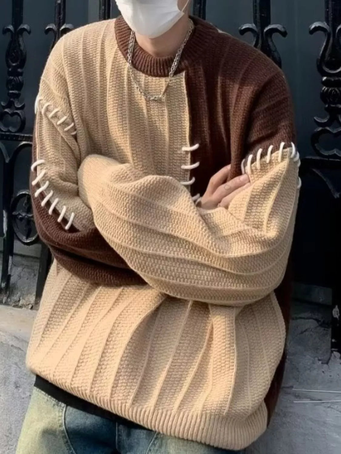 Men's Color Block Round Neck Sweater - Farnelli