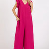 Mittoshop V-Neck Ruffled Cap Sleeve Wide Leg Jumpsuit - Deep Rose