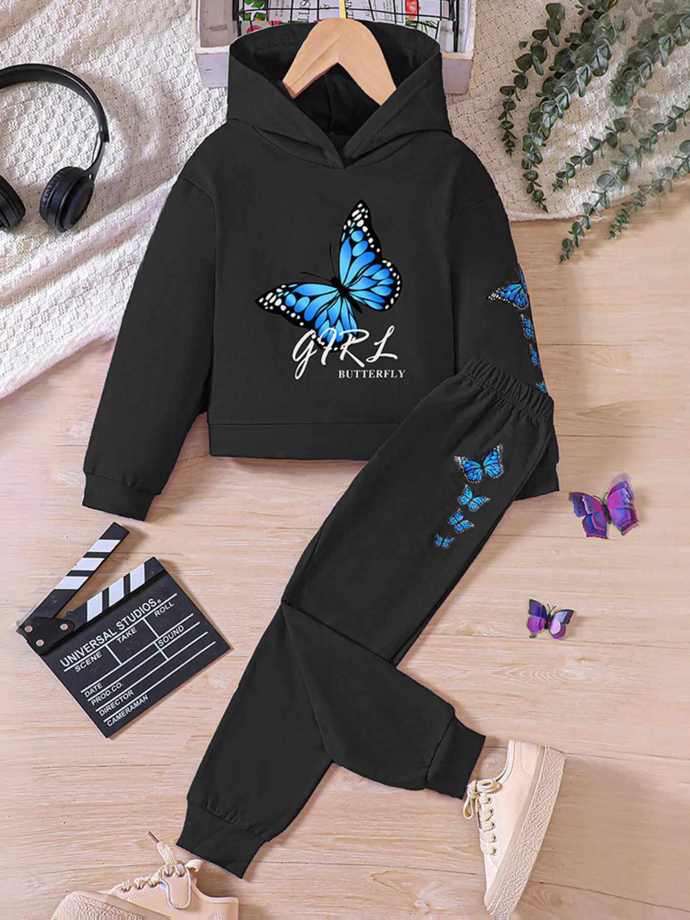 Childrens's Butterfly Print Hoodie & Pants Set - Farnelli