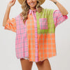 BiBi Plaid Collared Neck Half Sleeve Shirt - Pink/Peach/Lime
