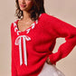 SO ME Satin Tape Braided Ribbon Tie V Neck Sweater - Farnelli