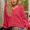 POL Cable-Knit Solid V-Neck Cropped Sweater - FUCHSIA