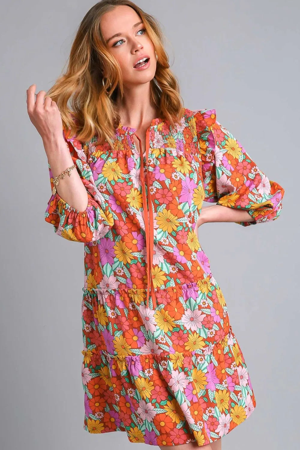 Umgee Full Size Ruffled Flower Print Tie Neck Tiered Dress Plus Size - Farnelli