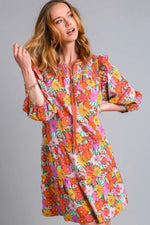 Umgee Full Size Ruffled Flower Print Tie Neck Tiered Dress Plus Size - Farnelli