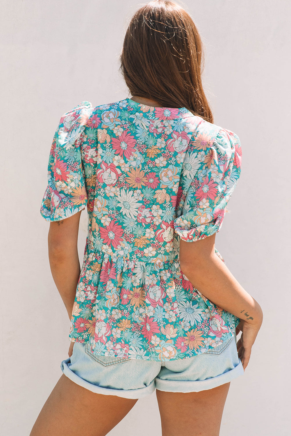 Amaris Notched Neck Puff Short Sleeve Floral Blouse - Farnelli