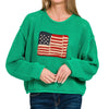 Zenana American Flag Crew Neck Sweater - K GREEN