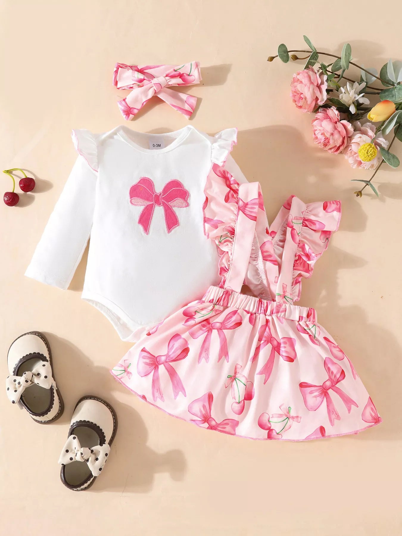 Children's Bowknot Print Ruffle Trim 3 Piece Set - Farnelli