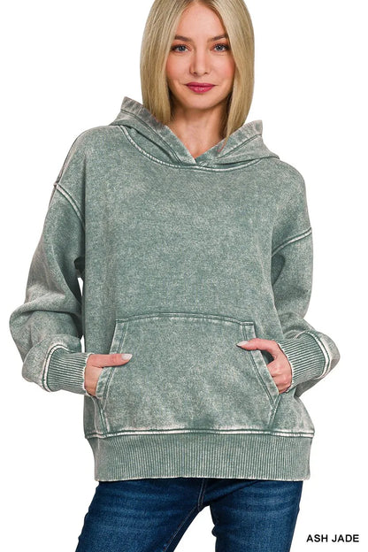 Zenana Fleece Acid Wash Kangaroo Pocket Hoodie - Farnelli