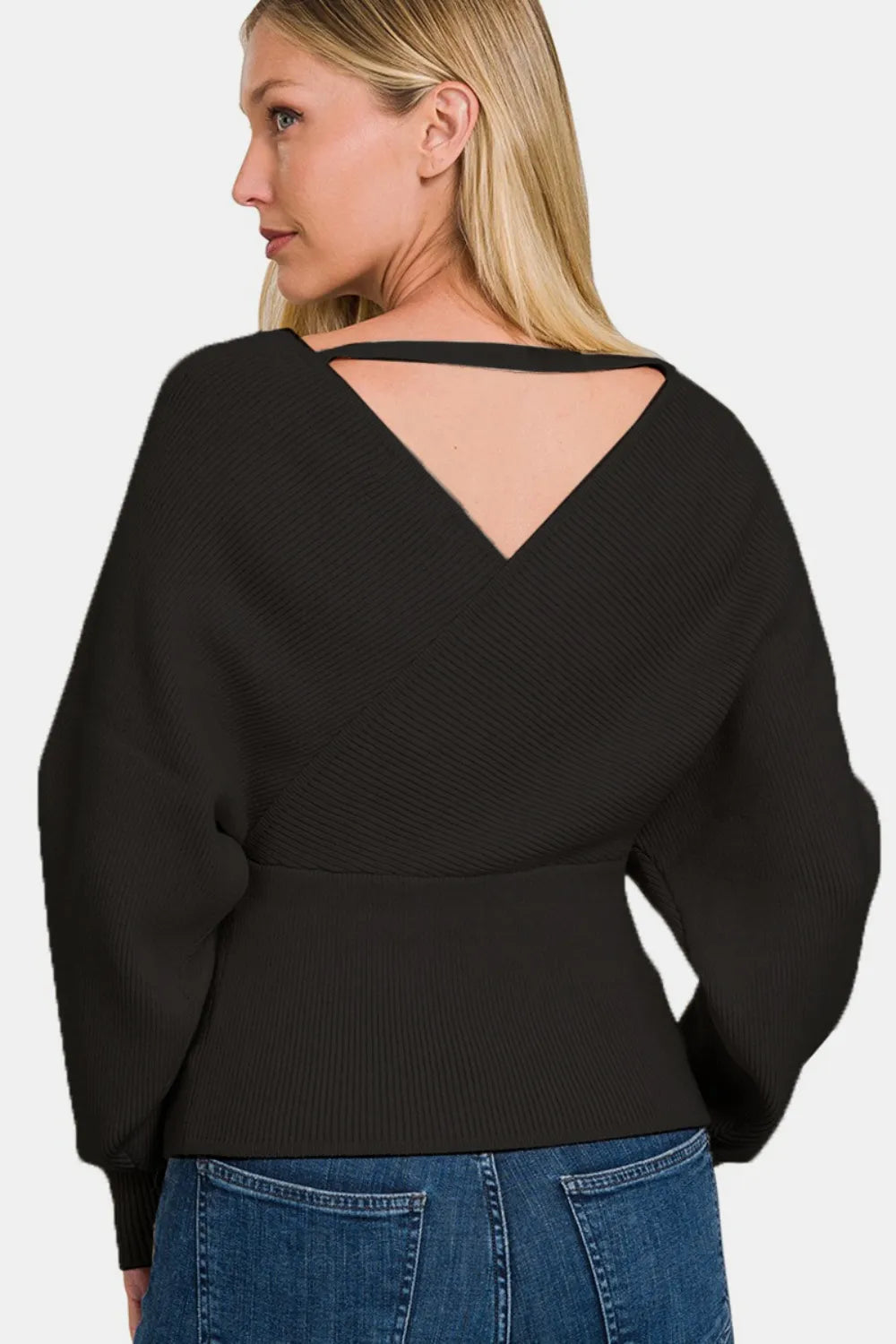 Zenana Cross Wrap Rib Long Sleeve Sweater - Farnelli