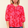Haptics Full Size Ribbon Bow Floral Balloon Sleeve Blouse - Red/Pink