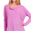 Zenana Waffle Thumb Hole Cuffs Henley Tee - BRIGHT MAUVE