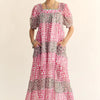 Davi & Dani Multi Floral Square Neck Puff Sleeve Maxi Dress - Indian Pink