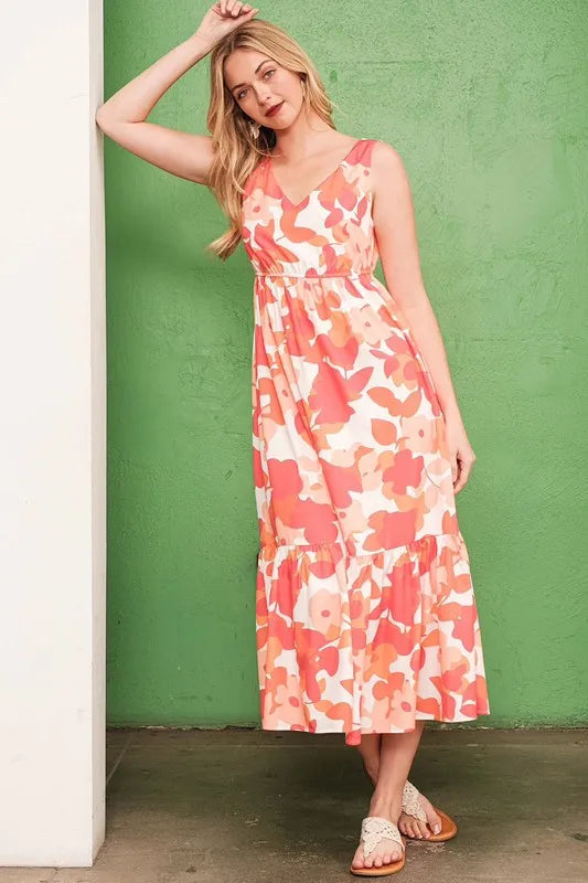 Lime 'N' Chili Sleeveless Floral Print V-Neck Midi Dress - Farnelli