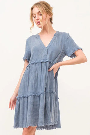 And The Why Washed Frayed Detail Tiered Dress - Farnelli