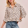 BiBi Polka Dot Printed Peplum Top with Front Button - OFF WHITE/BLACK