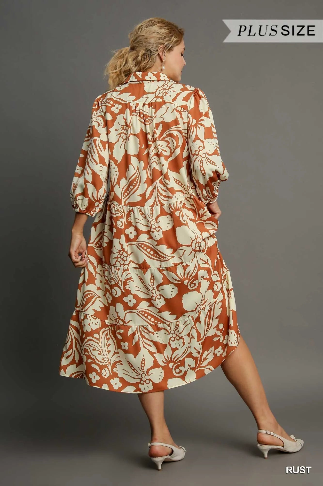 Umgee Full Size Floral Tiered Midi Shirt Dress Plus Size - Farnelli