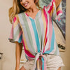 BiBi Multi Stripe Woven V Neck Top with Long Front Tie - PINK MULTI