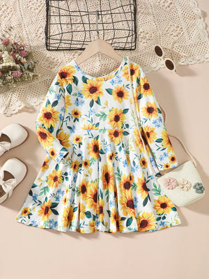 Kids Sunflower Print Round Neck Long Sleeve Dress - Farnelli