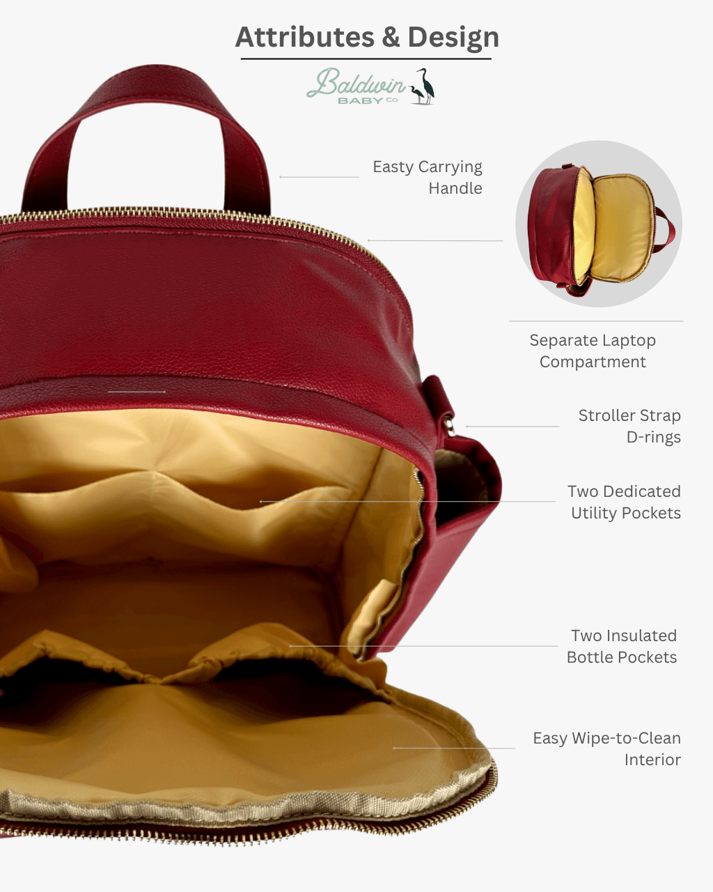 Baldwin Baby Company Daphne diaper bag in crimson showing organized interior features and compartments