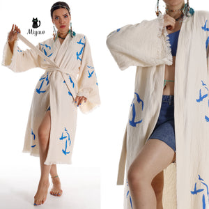 Handcrafted Miyawfashion seagull print kimono robe in organic cotton, bohemian beach cover-up with breezy, relaxed style.