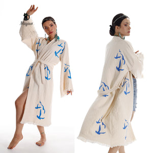 Handcrafted seagull print kimono robe by Miyawfashion, made of organic cotton, featuring a bohemian beach cover-up design.