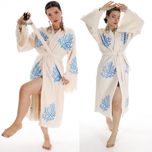 Handcrafted organic cotton kimono in blue sea coral color by Miyawfashion, featuring a relaxed fit and traditional Japanese design.