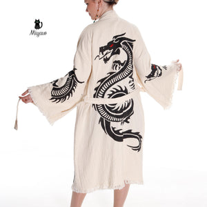 Organic cotton Boho kimono bath robe for women, featuring a dragon design, perfect as a beach cover-up or cozy loungewear.