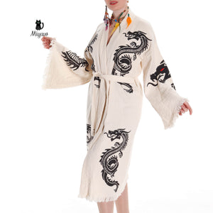 Organic cotton boho kimono bath robe for women, featuring a dragon design, perfect as a beach cover-up or loungewear from Miyawfashion.