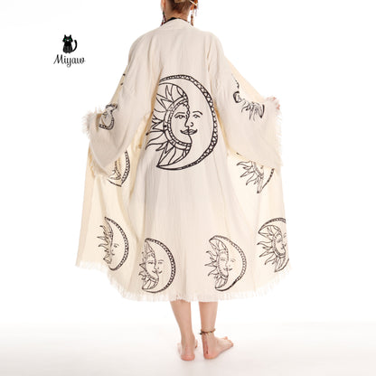 Boho Moon and Sun Print Organic Cotton Kimono Robe for Beach Days
