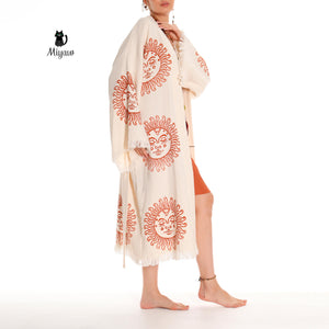 Eco-friendly organic cotton boho kimono robe with sun stamped design, Miyawfashion's unique sun-printed robe displayed on a model.