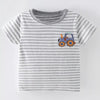 Children's Striped Cotton Toddler T-Shirt with Tractor Applique - Light Gray