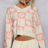 POL V-Neck Heart Pattern Checkered Sweater - CREAM/PINK