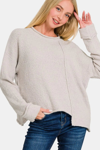 Zenana Asymmetric Hem Drop Shoulder Sweater - Farnelli