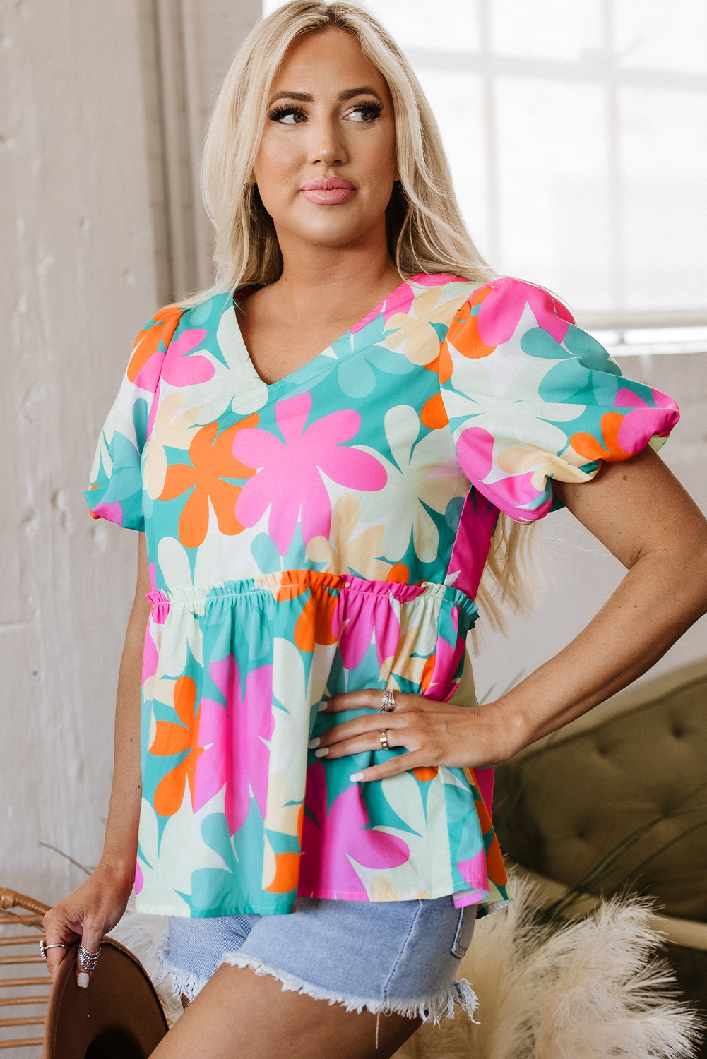 Rayne Floral V Neck Peplum Blouse - Farnelli
