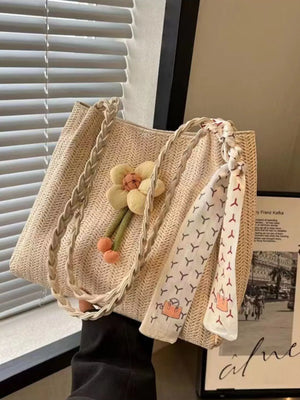Floral Decor Woven Straw Tote Bag - Farnelli