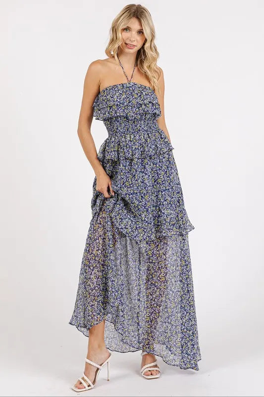 Mittoshop Ruffled Smocked Floral Halter Neck Maxi Dress - Farnelli