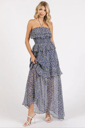 Mittoshop Ruffled Smocked Floral Halter Neck Maxi Dress - Farnelli