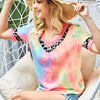 BiBi Rainbow Tie-Dye Leopard Trim V-Neck T-Shirt - PASTEL TIEDYE