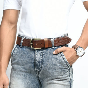 Vibrant brown leather belt with pin buckle from Classy Leather Bags, showing the textured leather strap and polished buckle.