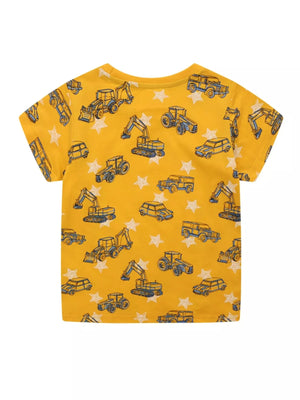 Children's Construction Vehicle Print Crew Neck Short Sleeve T-Shirt - Farnelli