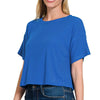 Zenana Ribbed Round-Neck Crop T-Shirt - CLASSIC BLUE
