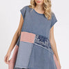 Mittoshop Patchwork Mineral Washed Round Neck Cap Sleeve Top - NAVY